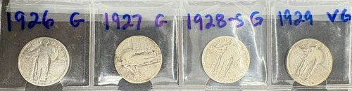 Lot of 4 Different Standing Liberty Quarters, 1926 to 1929, Good To Very Good