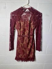 Pretty Little Thing Burgundy, Lace, Long Sleeve High Neck, holiday party dress 