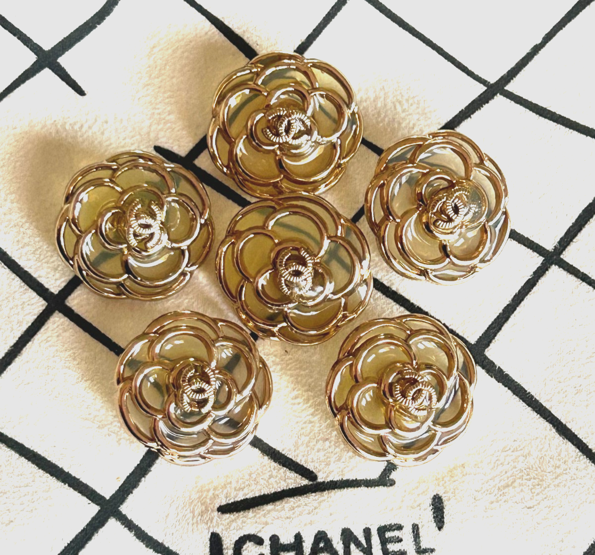 Vintage CHANEL Camellia Flower with Clear Gold Metal Button 25 mm