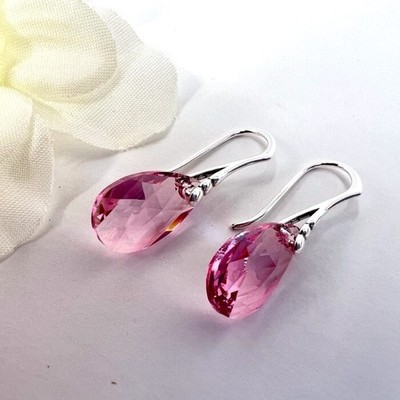 925 Sterling Silver Crystal Earrings Rose Pink Austrian Crystals Gift Box