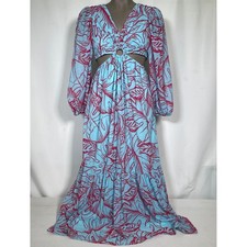 Jessica Simpson Tropical Leaf O-Ring Cutout Maxi Dress Blue Women's MEDIUM NWT