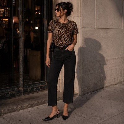 NWT VERONICA BEARD JEANS Leopard Print Gold Button Carla Short Sleeve Top Large