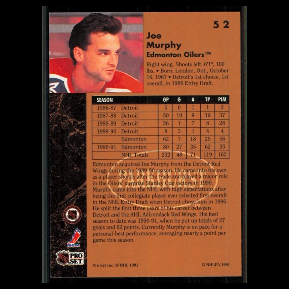 Joe Murphy #52 1991 Parkhurst Edmonton Oilers Hockey Card NHL NM - Image 2 of 3