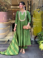 Women's Olive Green Anarkali Suit Set  Embroidered Cotton Kurta Pant