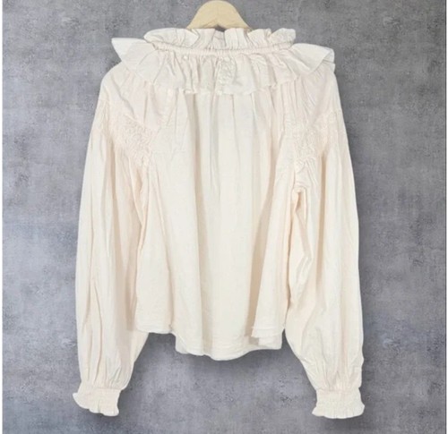 Anthropologie Women Ruffle Long Sleeve White/Beige Stripes Blouse Top Size M NWT - Picture 4 of 9