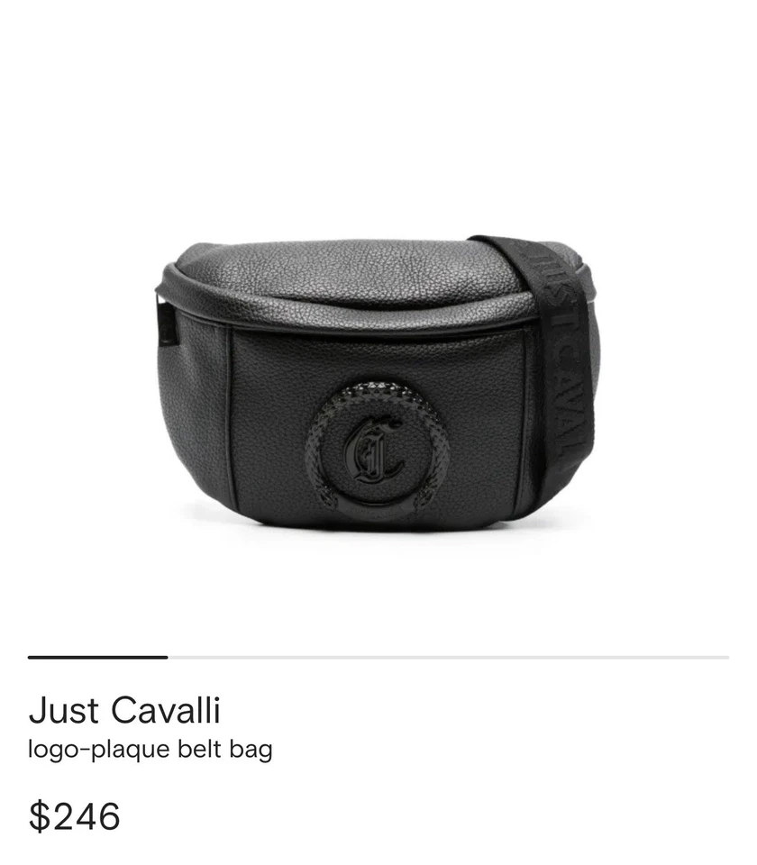 NUEVO CON ETIQUETAS 🌺 Bolso Cinturón Just Cavalli Negro Metal JC Logo Cuero PU Cremallera $246 Foto 4 de 4