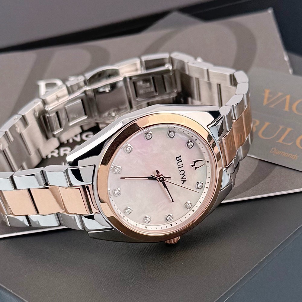 Women's Bulova 98P207 Surveyor Diamond Mother of Pearl Dial Silver Gold Watch