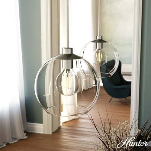 Hunter Xidane 1-Light Brushed Nickel Crystal Pendant Light w/Clear Glass Shades - Picture 1 of 9