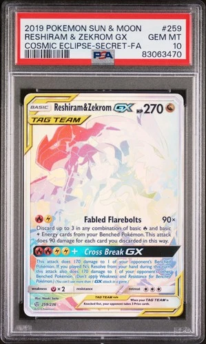 2019 Pokemon Cosmic Eclipse Reshiram & Zekrom Gx #259 PSA 10 Secret Rainbow Rare