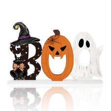 Halloween Wooden Standing Decor Set Ghost Pumpkin and Black Cat