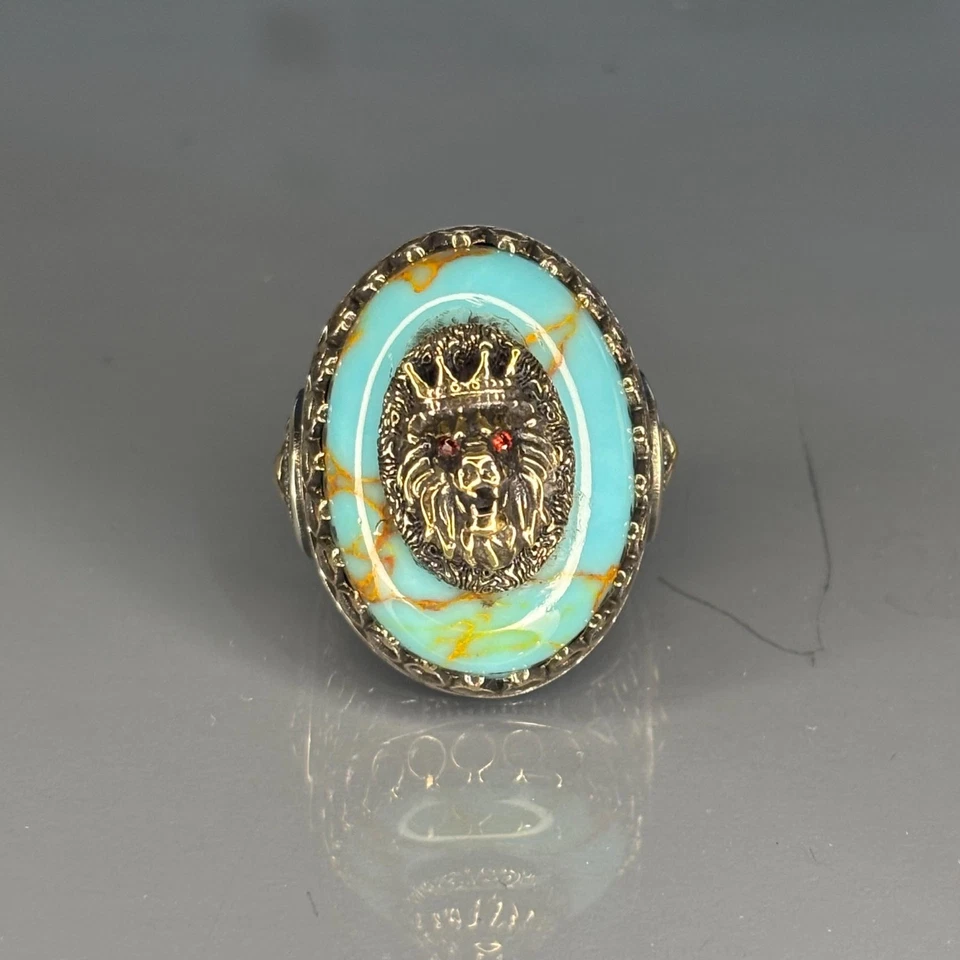 Turquoise Lion Head Men’s Ring 925 Sterling Silver, Bronze Accents Ring size 11 - Image 4 of 4