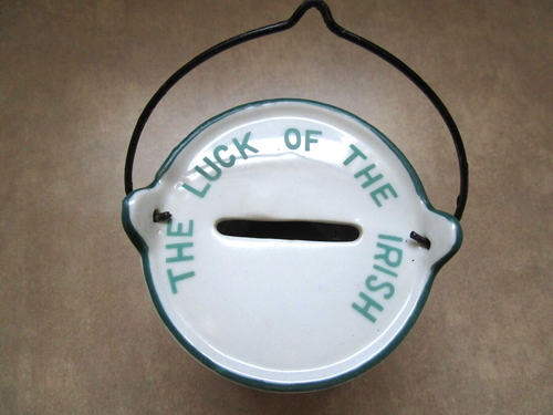 Enesco Luck of the Irish Kettle Bank Shamrocks w / Flocked Figurines Vintage - Picture 3 of 4