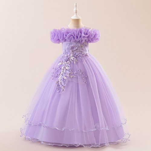 Kids Girls Pearl Lace Bridesmaid Princess Long Dress Party Fancy Wedding Dresses - Picture 13 of 92
