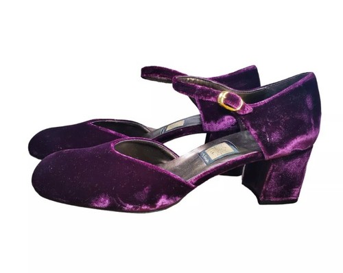 VTG Y2K 90s Purple Velvet Chunky Block Heels Pumps Round Toe Mary Janes 8.5 - Picture 9 of 13