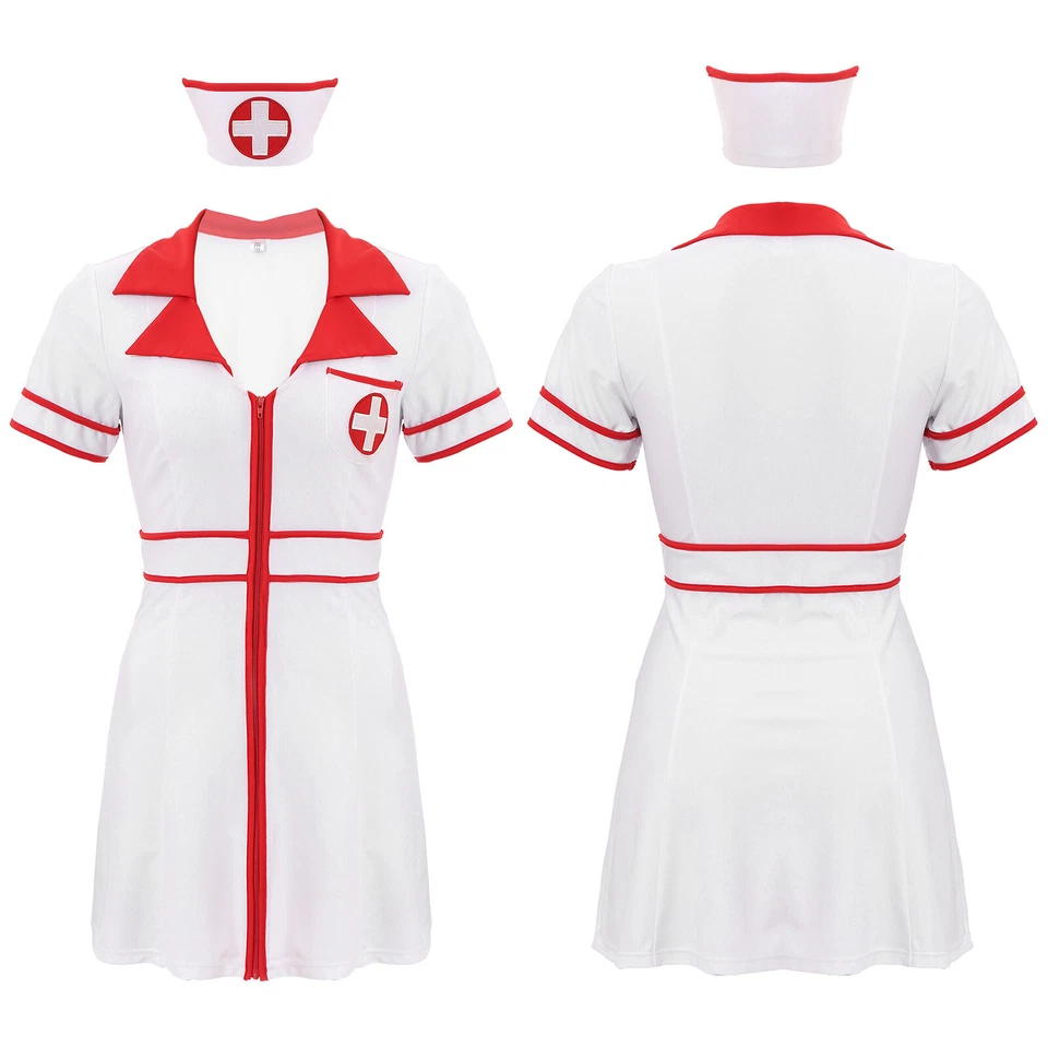 Damen Krankenschwester Kostüm Set Kleid mit Haube Krankenpflegerin Verkleidung - Bild 3 von 3