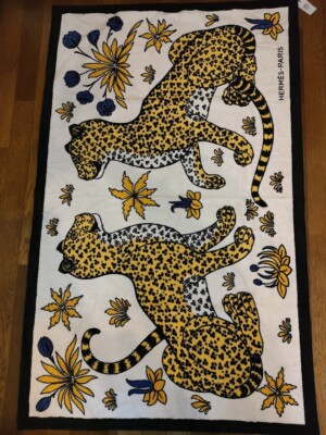 HERMES Paris Beach Towel Leopards Print Bath Towel Blanket Black