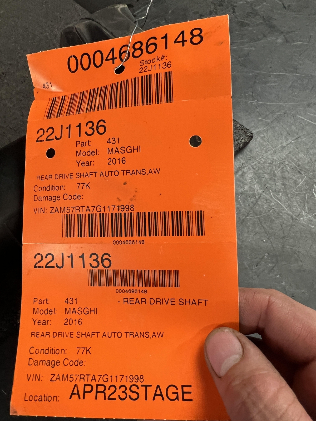 14-17 MASERATI GHIBLI 3.0 AWD AT REAR DRIVE SHAFT W-WF=26" W-WR=20"