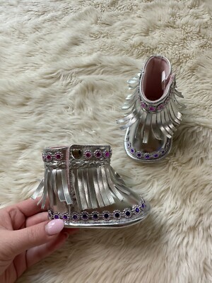 First Steps Infant Girls Silver Metallic Boots Size 3-6M