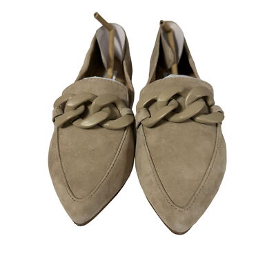 Steve Madden Famed Size 6.5 EUC Beige Suede Leather Slip On Loafer Chain Accents