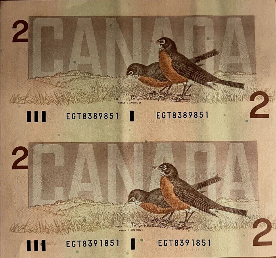 CANADÁ 2 DÓLARES P-94 1986 Canadiense Sin Cortar Par De 2 BILLETES DE PÁJARO Reina Isabel Foto 3 de 3