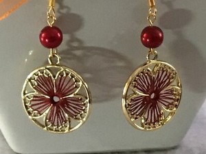 Authentic Gold Plated Thread Wrapped Wine Red Flower Earrings