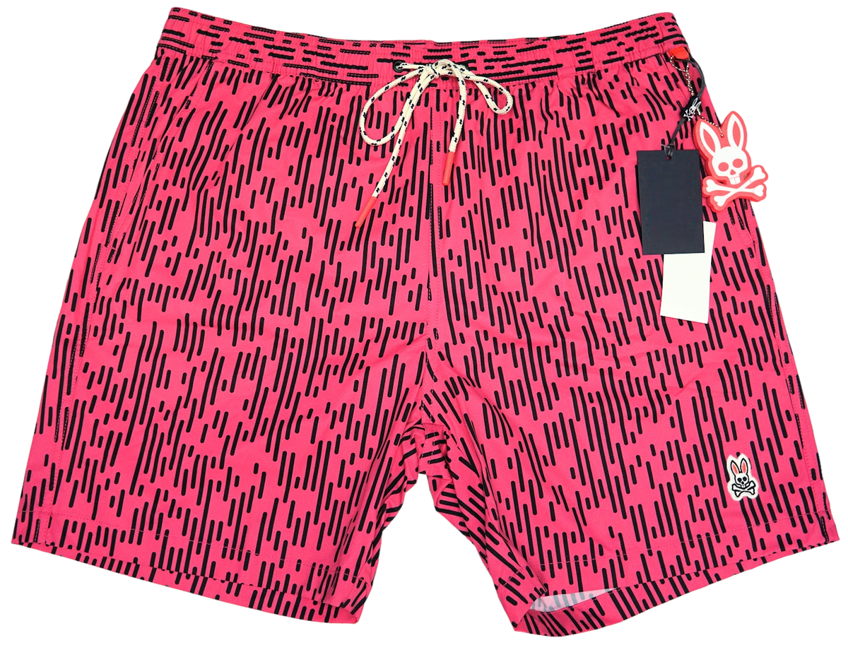 Psycho Bunny Swimsuit Mens Stripe Swim Trunks Pink Black Geometric