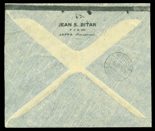 PALESTINE 1937 AIRMAIL - KLM - multipe-franking cvr from JAFFA to COPENHAGEN, DK - Picture 2 of 2