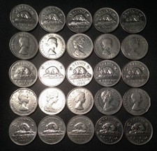 Old Canadian Nickel Lot - 25 Coins - 1953-1981 - PURE NICKEL