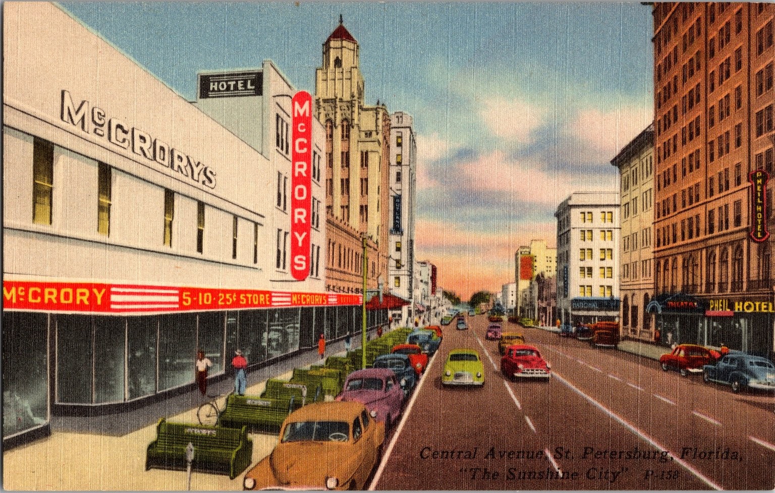 Vintage Linen Postcard Central Avenue St. Petersburg FL McCrory's Store