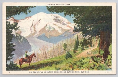 Mount Rainier Emmons Glacier Postcard C.T. Art-Colortone 1934 Horseback Rider