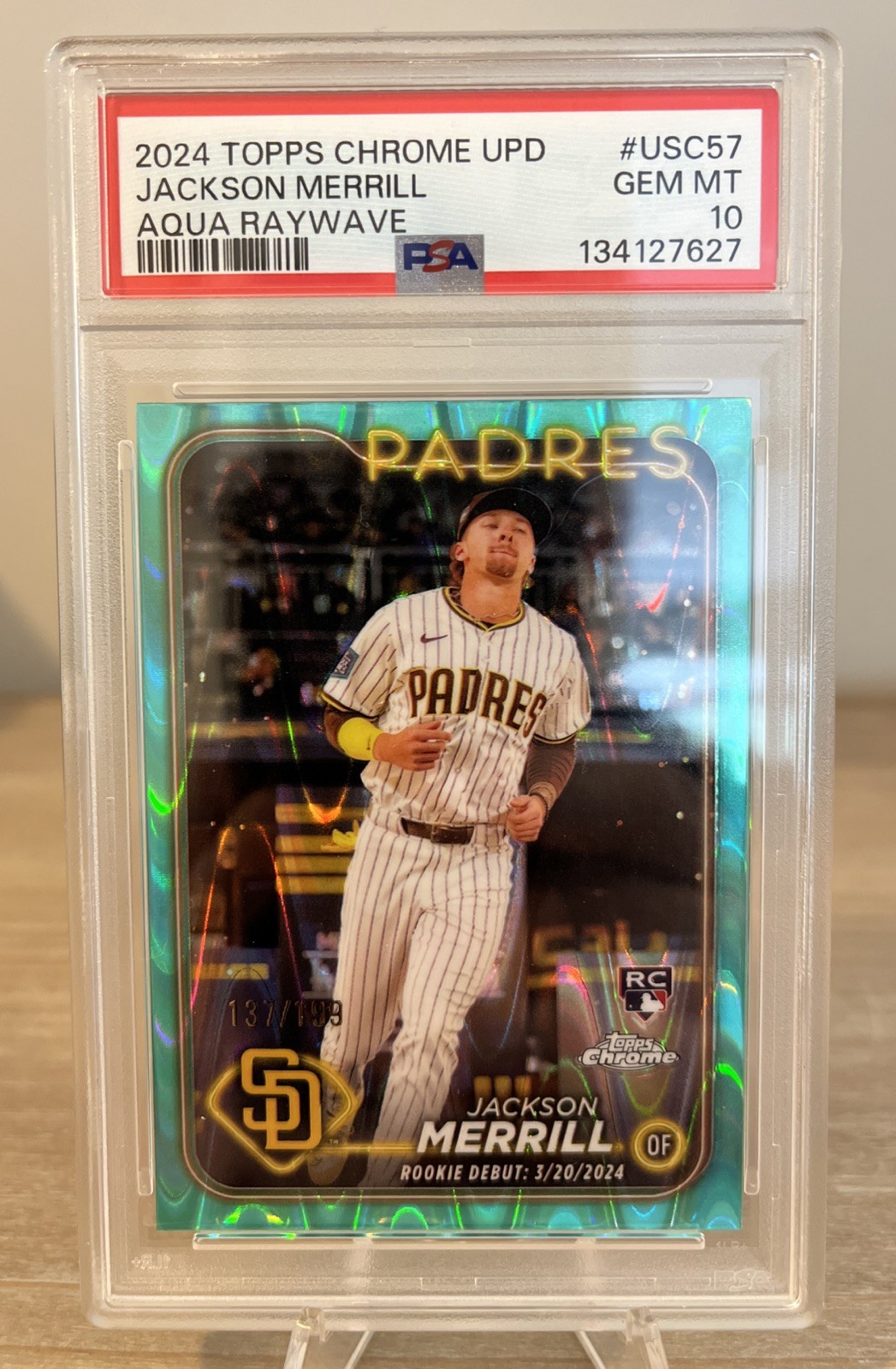 2024 Topps Chrome - Jackson Merrill #207 Aqua Raywave Refractor /199 (RC) PSA 10
