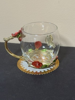 LANTREE Crystal Tea / Coffee Cup 10fl oz Red Rose Butterfly with coaster