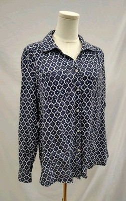 Charter Club Luxury Linen Shirt Button Up Blue White Geo Print Roll Tab Cuff L