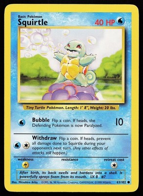 Squirtle 63/102 Common Base Set Unlimited Pokemon Card