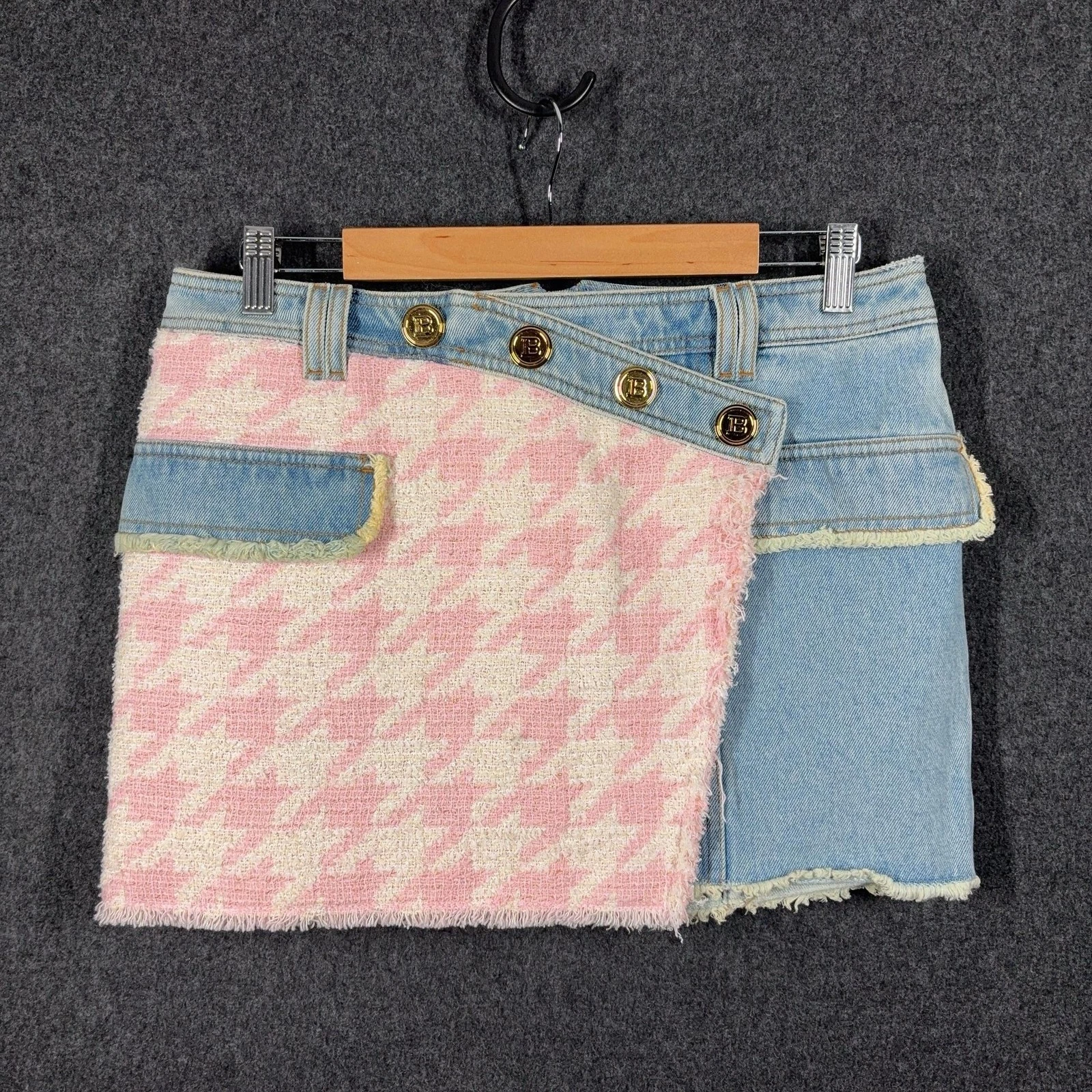 Balmain Skirt Womens EU 40 Multicolour Denim Tweed Wrap Mini Logo Buttons Autumn