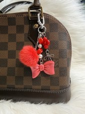 Red Pom Pom Bow Keychain Bag Charm Silver Color Clip Gift Handmade New