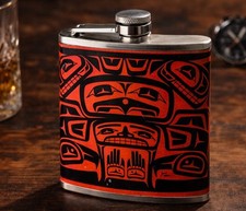 Native Art Flask Jason Peters Salish Longhouse Totem Stainless Steel 6oz Red
