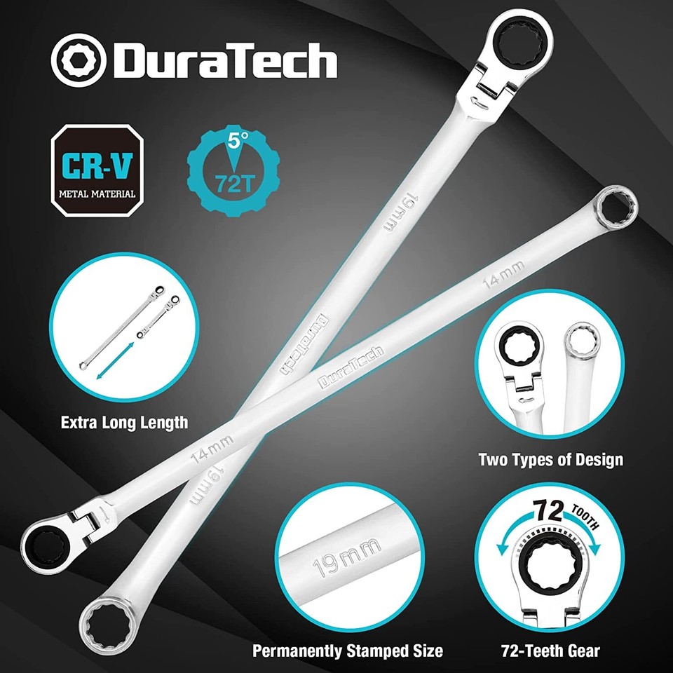 DURATECH Extra Long Flex-Head Ratcheting Wrench Set – 6-Piece Metric 8-19mm With CR-V Steel & Roll-Up Pouch