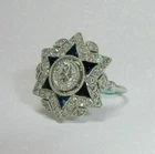 Art Deco Round Lab Created Diamond & Sapphire Wedding 14K White Gold Finish Ring