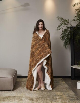 Premium Cedar Bark Thick Faux Fur Plush Sherpa Hooded Throw Blanket Wrap Cape
