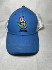 JEEP LOGO BLUE WHITE MESH TRUCKER CURVED BILL ADJUSTABLE SNAPBACK HAT CAP RETRO