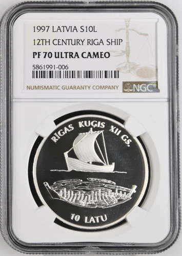 1997 LATVIA SILVER 10 LATU, 12TH CENTURY RIGA SHIP- NGC  PF 70 ULTRA CAMEO