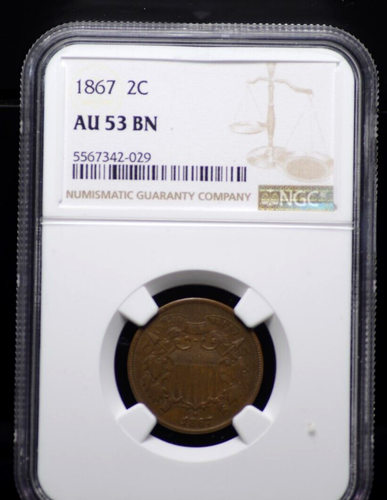 1867 TWO CENT PIECE NGC AU 53 BN NICE EVEN MEDIUM MILK CHOCOLATE, LIGHT WEAR, - Picture 3 of 6