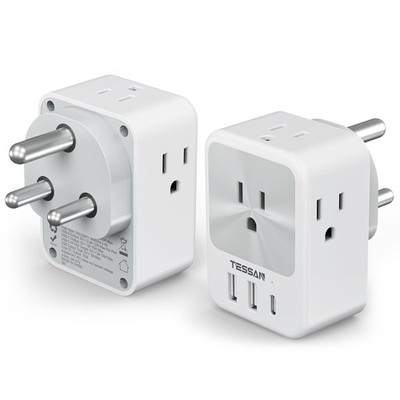 US to India Plug Adapter 2 Pack, TESSAN Type D Travel Adapter with 4 AC Outlets 