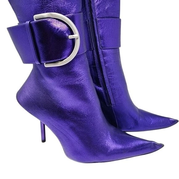Balenciaga Purple Knee-High Stiletto Boots With Side Zipper & Buckle Detail, Siz - Image 4 of 4