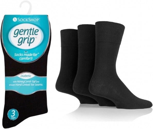 3 Pairs Mens Gentle Grip Diabetic Seamless Bigfoot Socks Black UK 12-14