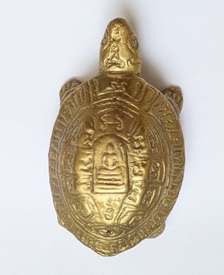 Thai Buddhist Phaya Tao Turtle Amulet with Sacred Inscriptions Brass 3.3 inches