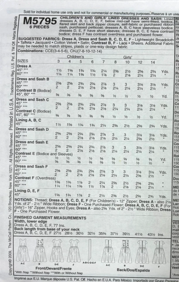 McCall's Girl Size 7-14  Dress Sewing Pattern New UNCUT  5795 - Image 2 of 2