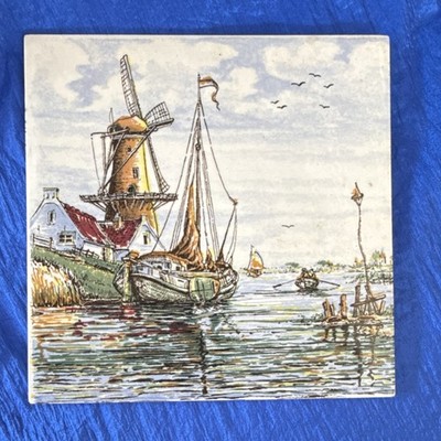 Delft Hand Painted Glazed Ceramic Tile Windmill Scene Multicolor Square Art