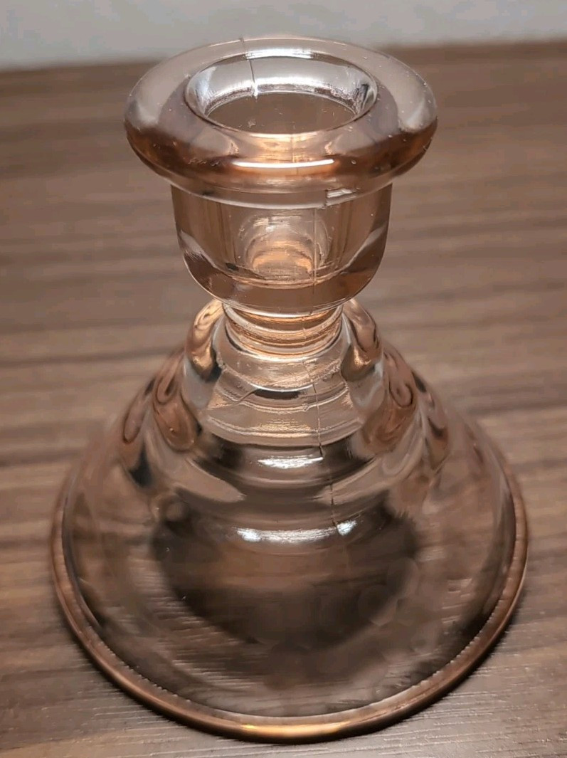Vintage Pink Depression Glass Candle Stick Holder W/ Etched Base 2 1/2 in Tall